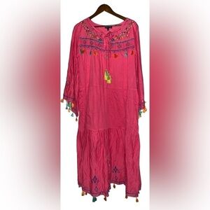 Fig & Vine Tiered Women Embroidered Bead Pink Dress Relax Fit Bell‎ Sleeve XL